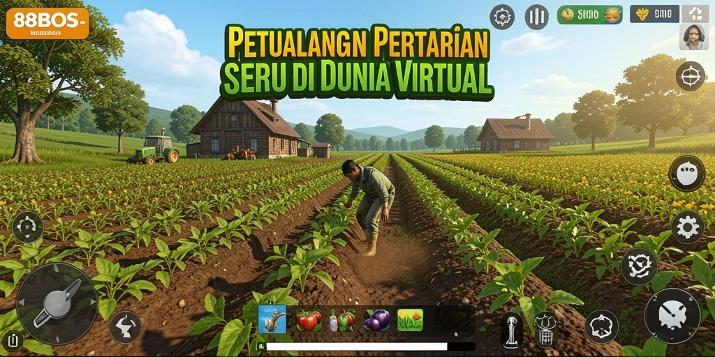 Tampilan gameplay seru di 88BOS, menunjukkan aktivitas bertani.