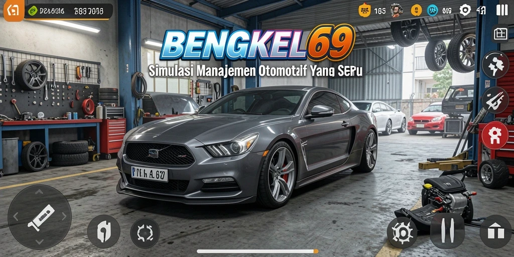 Screenshot BENGKEL69 menampilkan gameplay simulasi manajemen bengkel.