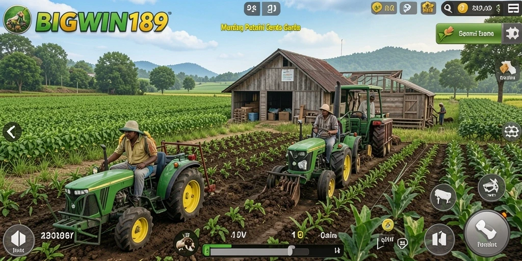 Screenshot gameplay BIGWIN189 menampilkan petak pertanian yang subur dan hasil panen yang melimpah.