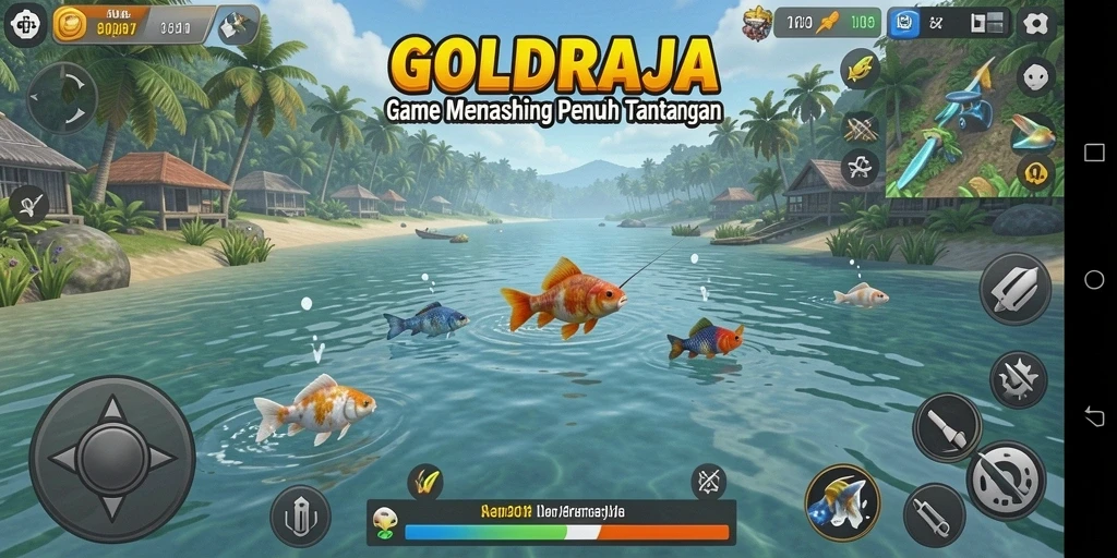 Tampilan gameplay GOLDRAJA dengan aksi memancing yang seru.
