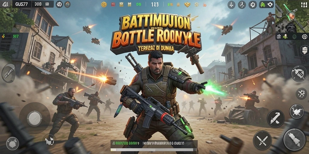 Tampilan gameplay GUS77 dalam pertempuran Battle Royale yang intens.