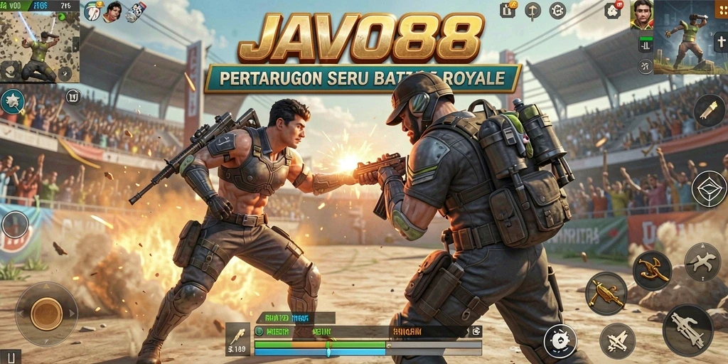 Screenshot dari gameplay menegangkan di JAVO88, menampilkan pertempuran intens Battle Royale.