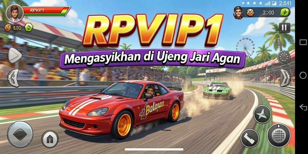 Screenshot gameplay RPVIP1 menampilkan balapan yang mendebarkan di trek yang menantang.