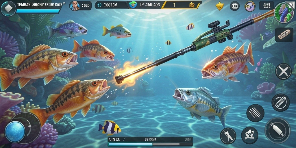 Screenshot SINTE4D menunjukkan aksi seru menembak ikan berwarna-warni.